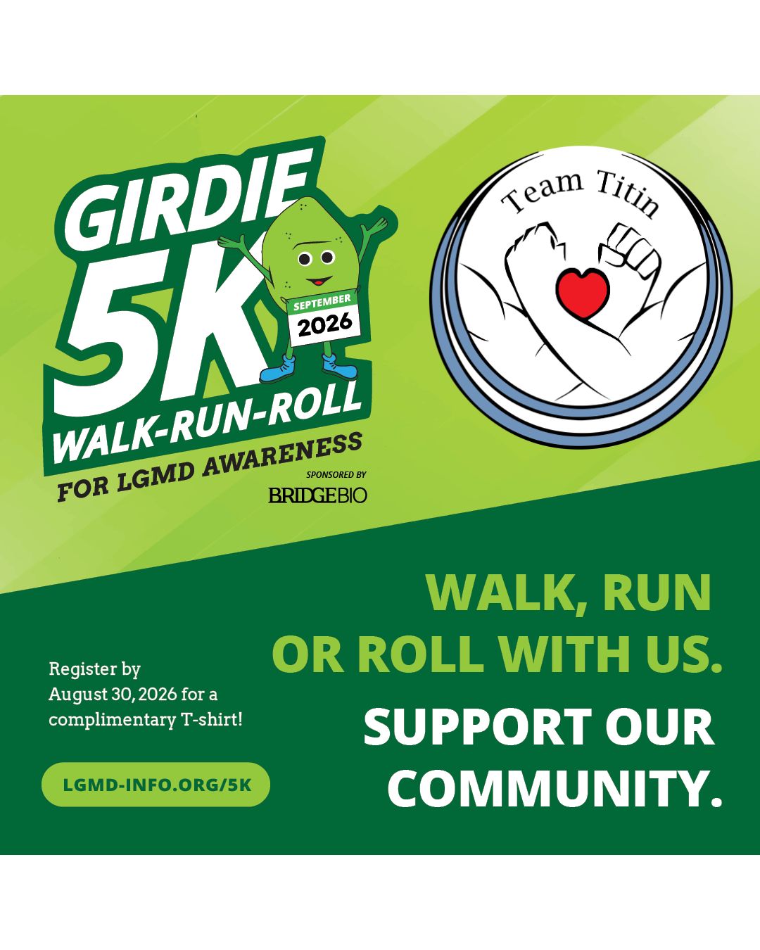 Image of the LGMD Girdie mascot with the Team Titin Logo for the 2026 5K
